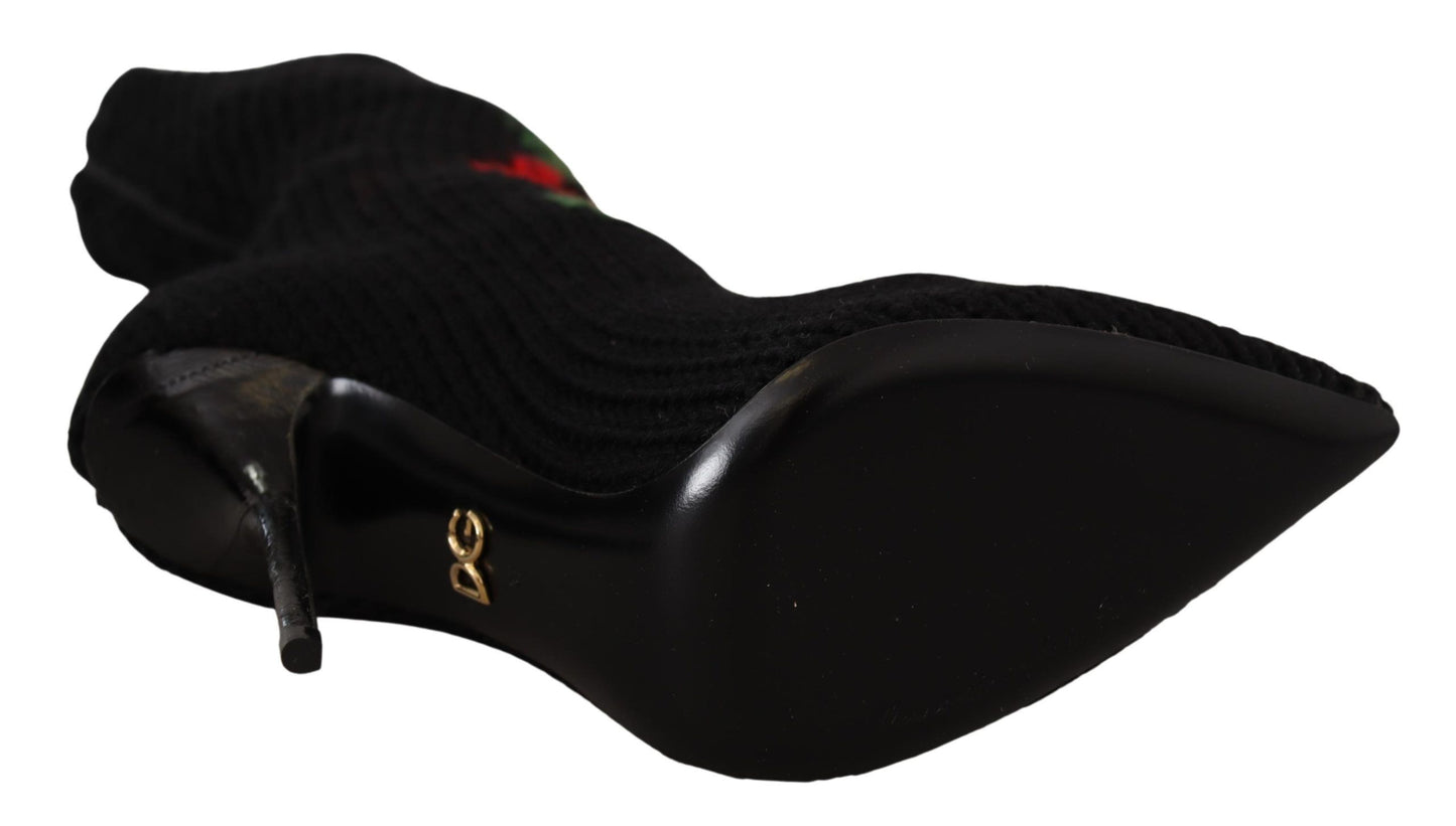 Dolce & Gabbana Schwarze Stretch-Socken Rote Rosen Booties Schuhe