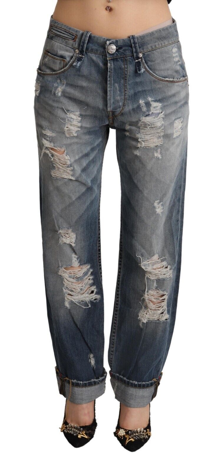 Acht Blaue zerfledderte Mid Waist Straight Denim Baumwolljeans