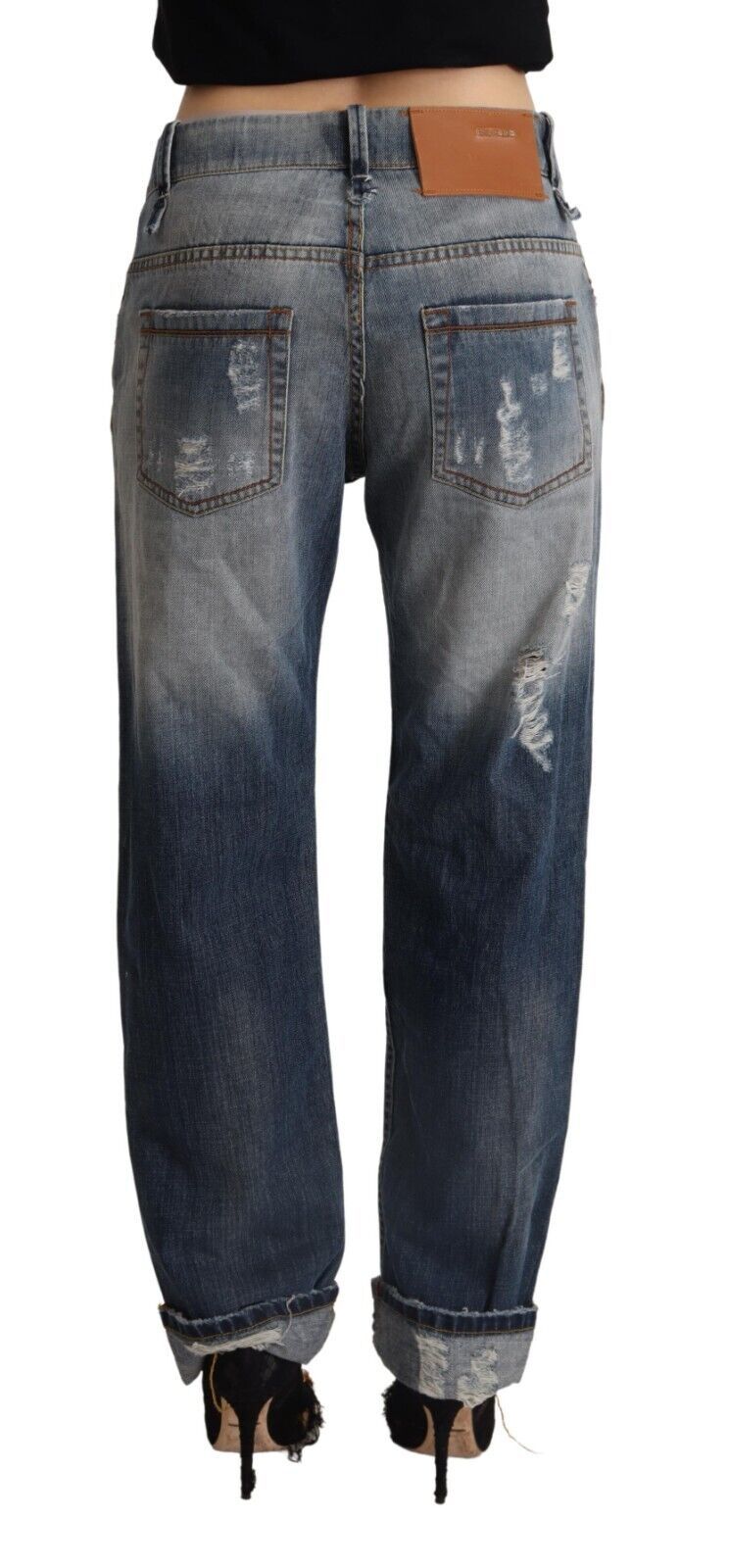 Acht Blaue zerfledderte Mid Waist Straight Denim Baumwolljeans