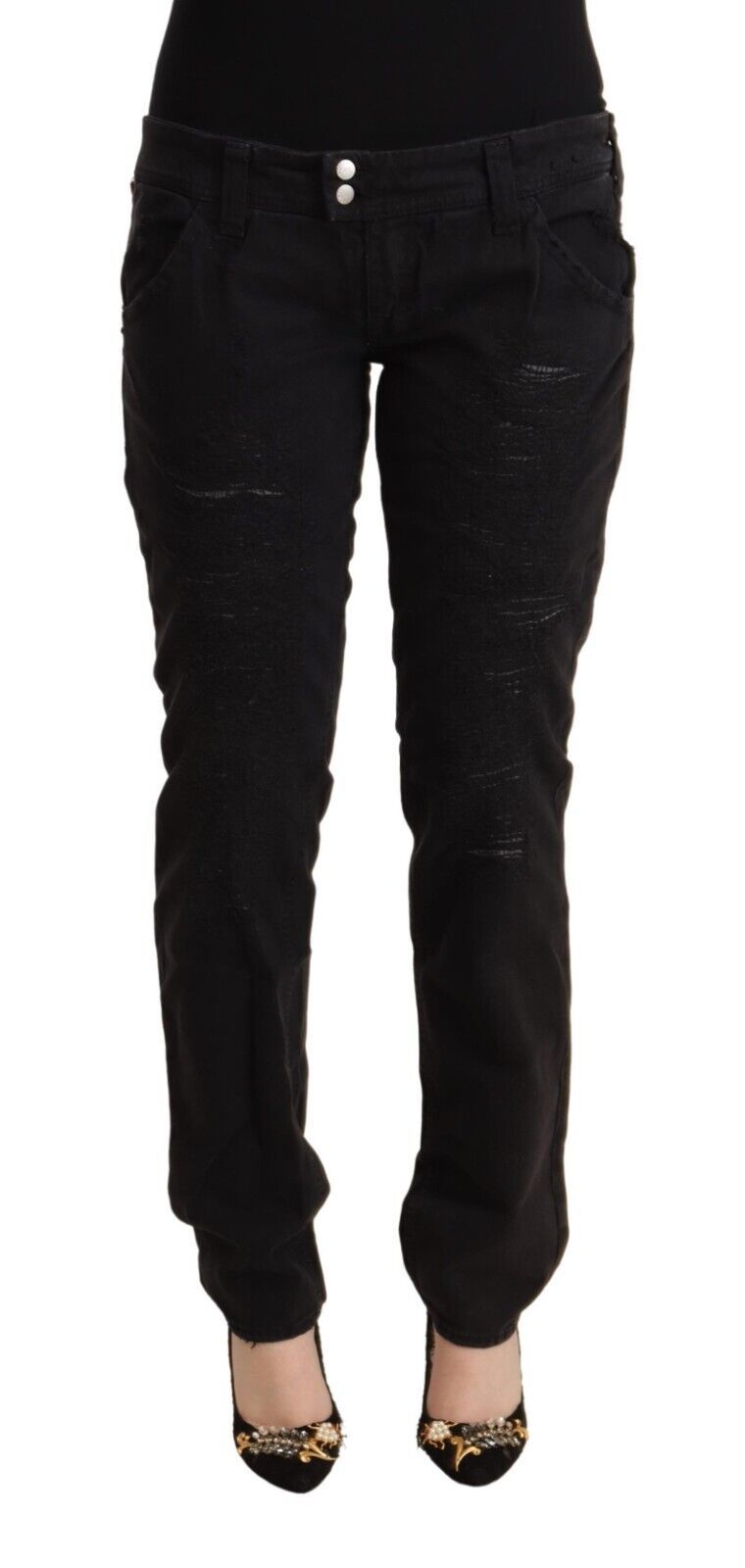 CYCLE Schwarze Baumwoll-Distressed-Denim-Jeans mit niedriger Taille und schmaler Passform