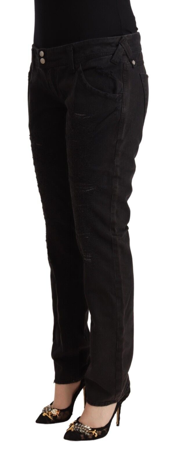 CYCLE Schwarze Baumwoll-Distressed-Denim-Jeans mit niedriger Taille und schmaler Passform
