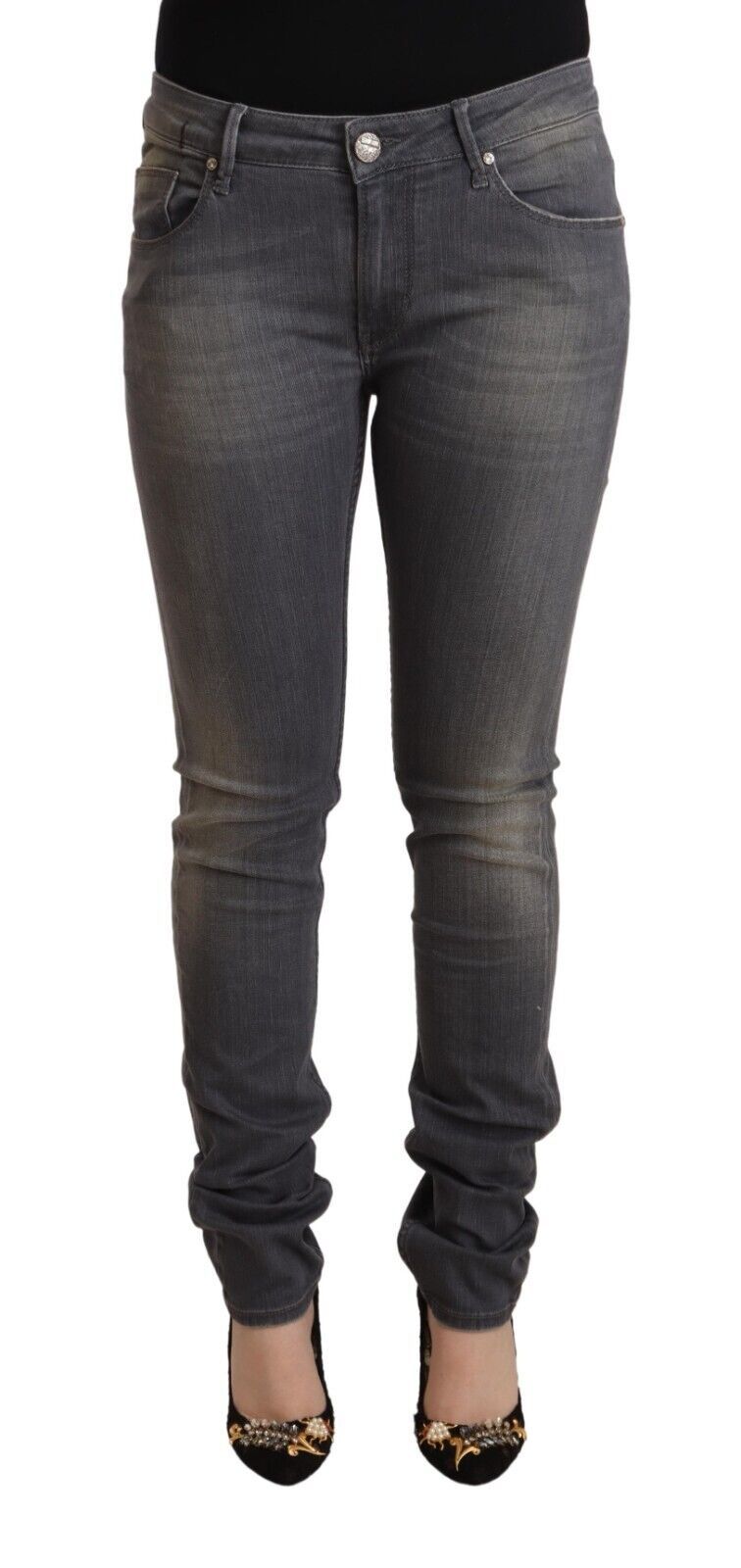 Acht Dunkelgraue Skinny-Jeans aus gewaschenem Baumwoll-Denim