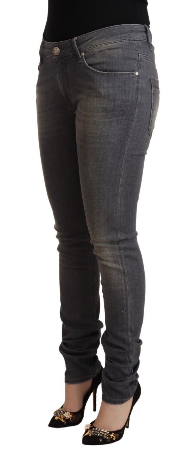Acht Dunkelgraue Skinny-Jeans aus gewaschenem Baumwoll-Denim