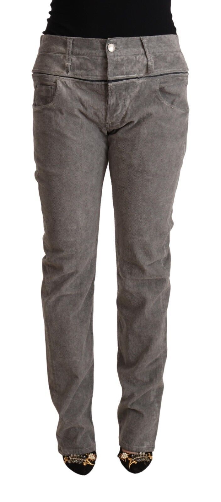 Acht Graue Straight Fit Hose mit hoher Taille aus Baumwolle