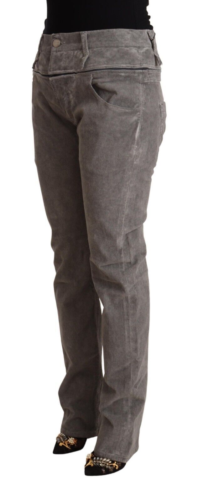 Acht Graue Straight Fit Hose mit hoher Taille aus Baumwolle