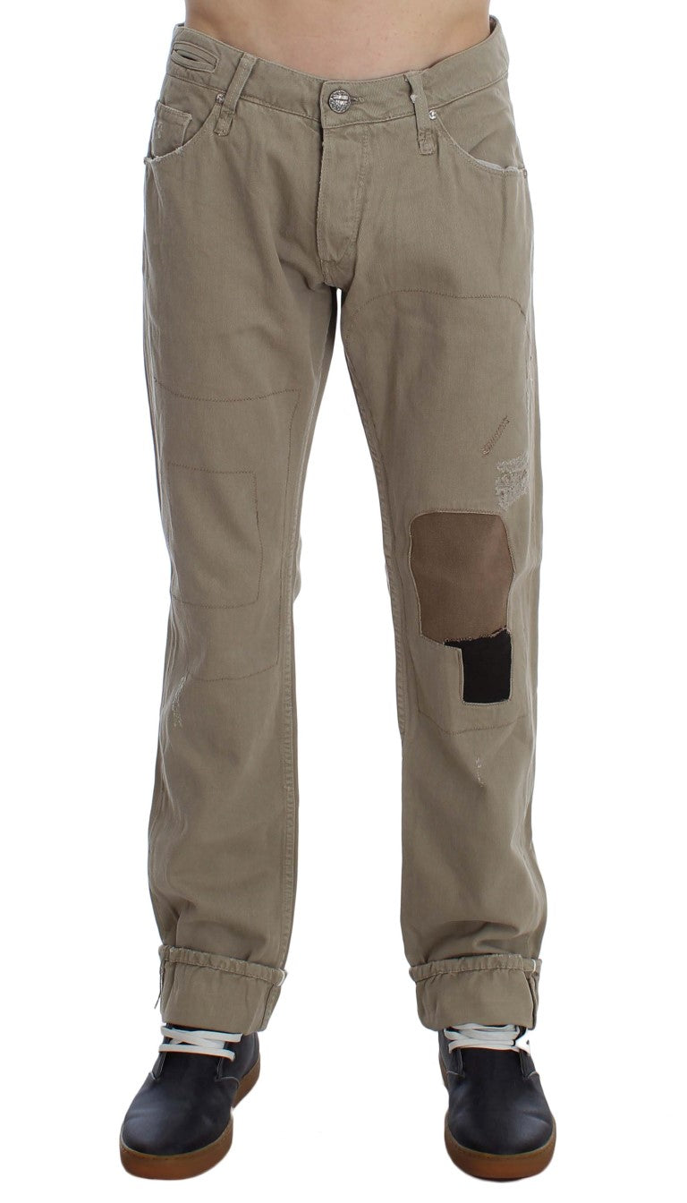 Acht Beige Baumwoll-Patchwork-Jeans