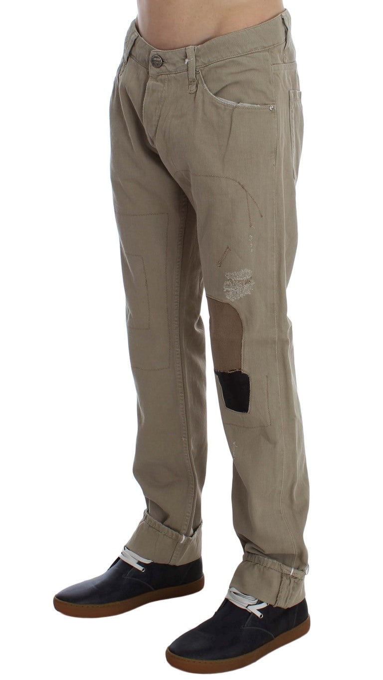 Acht Beige Baumwoll-Patchwork-Jeans