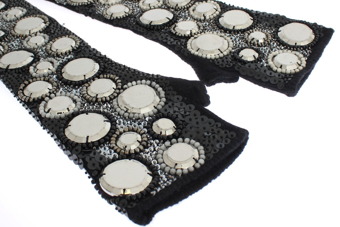 Dolce & Gabbana Schwarze paillettenbesetzte Fingerlose Handschuhe aus Kaschmir