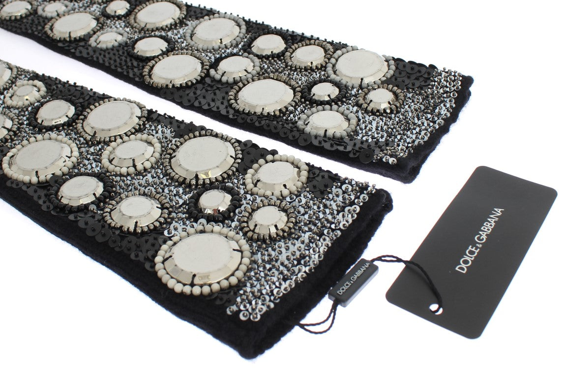 Dolce & Gabbana Schwarze paillettenbesetzte Fingerlose Handschuhe aus Kaschmir