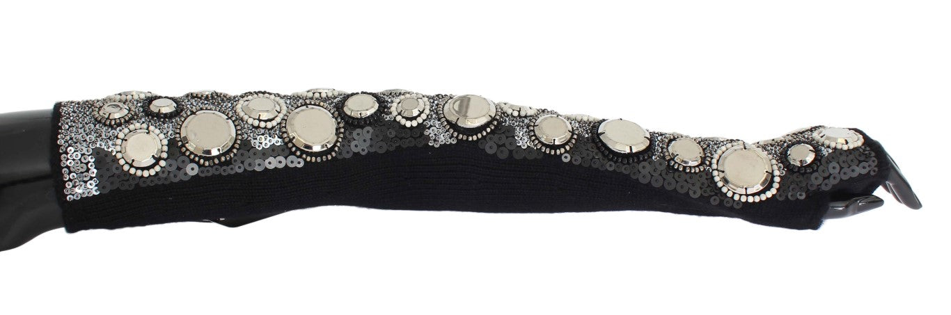 Dolce & Gabbana Schwarze paillettenbesetzte Fingerlose Handschuhe aus Kaschmir