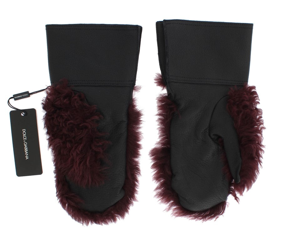 Dolce & Gabbana Schwarz Leder Bordeaux Shearling Handschuhe
