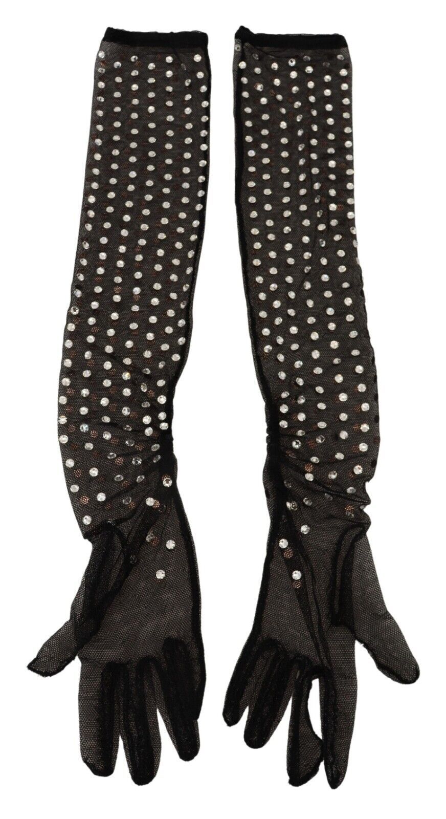 Dolce & Gabbana Schwarzer Kristall Ellenbogenlange Handschuhe aus Baumwolltulle