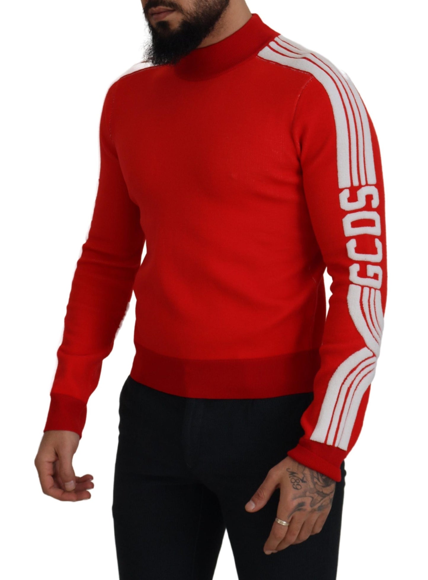 GCDS Roter Wollpullover mit Logo bedruckter Rundhalsausschnitt für Männer Pullover