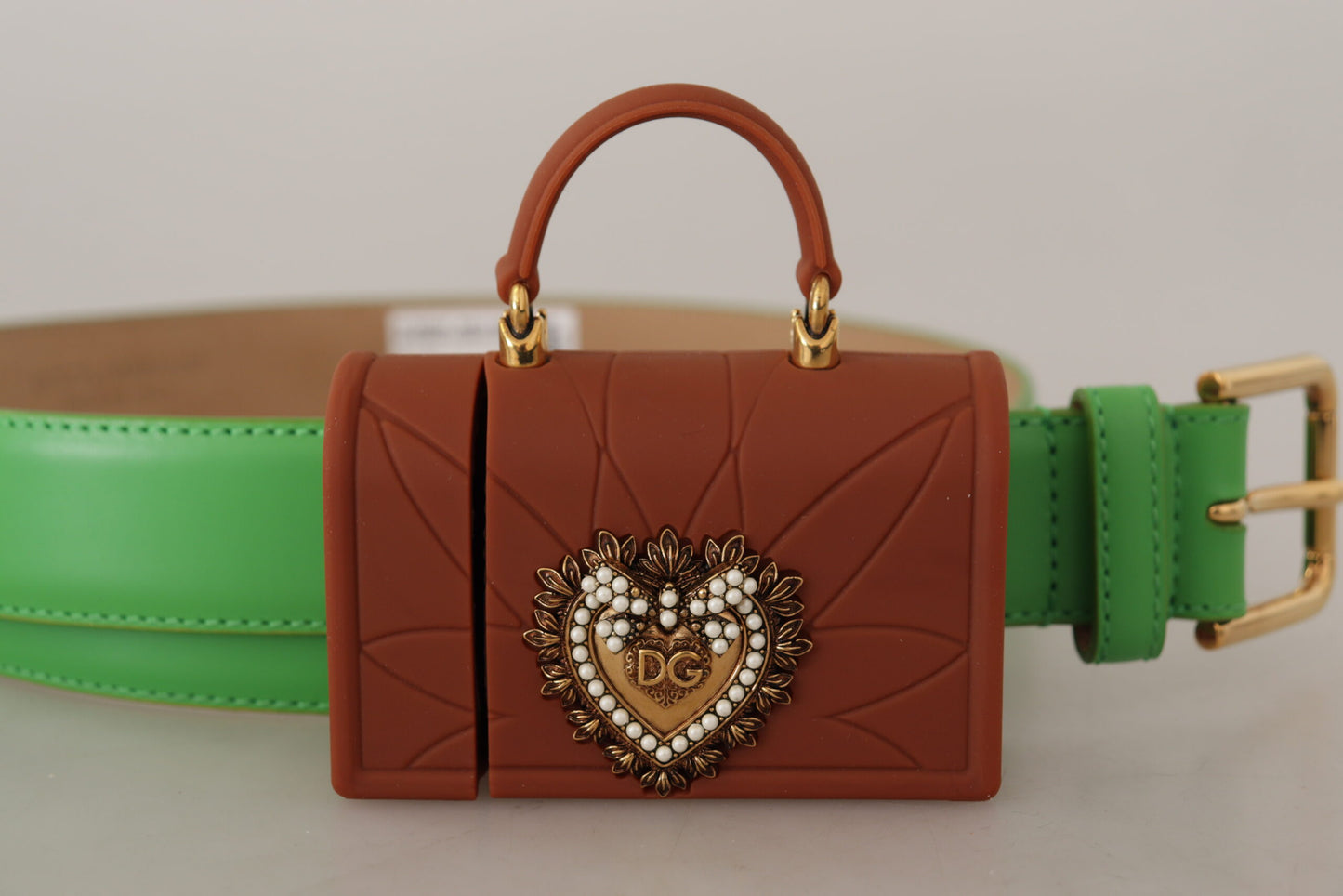 Dolce & Gabbana Grünes Leder Devotion Heart Micro Tasche Kopfhörer Gürtel