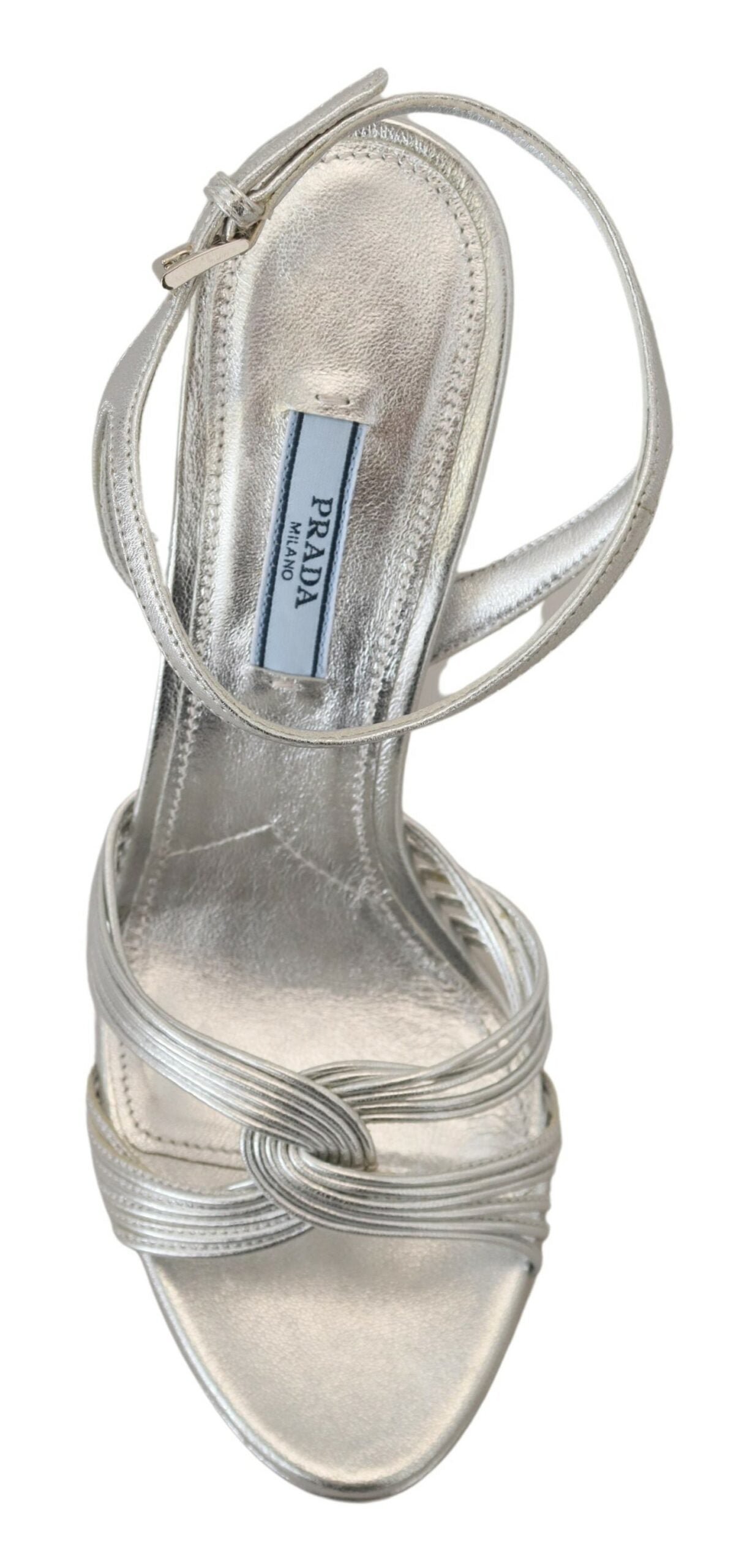Prada Silberne Leder-Sandalen Knöchelriemen-Absätze Stiletto
