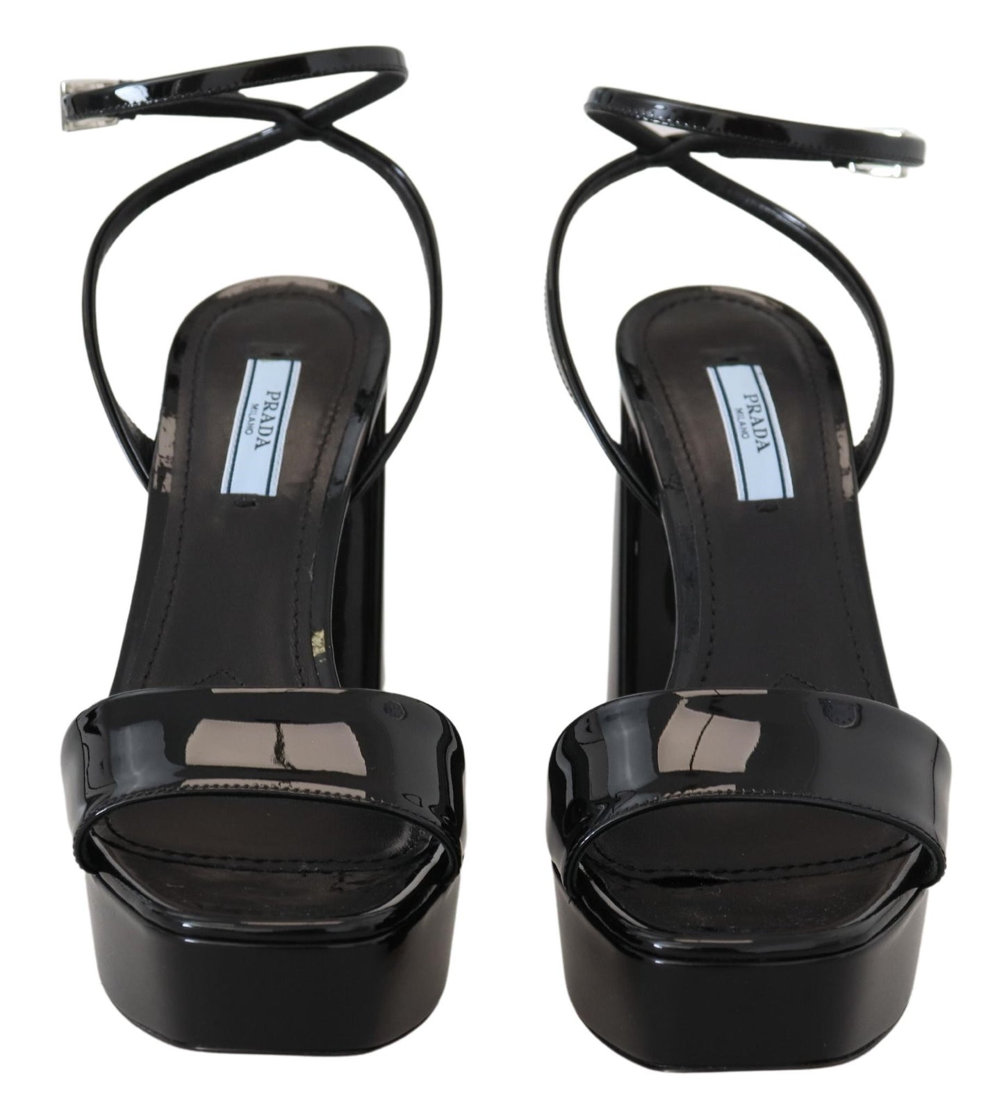 Prada Schwarze Lacksandalen Knöchelriemen Heels Leder
