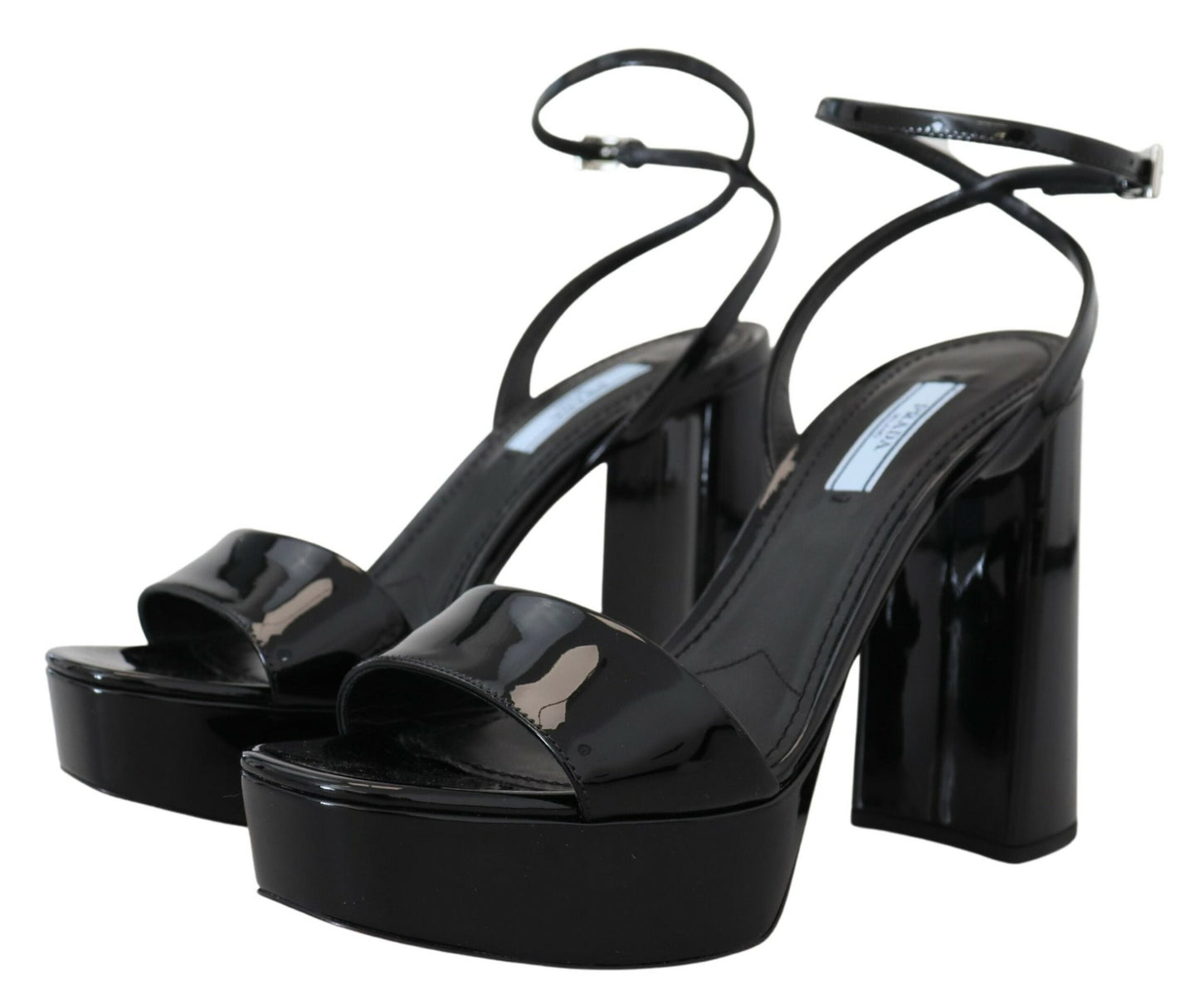 Prada Schwarze Lacksandalen Knöchelriemen Heels Leder