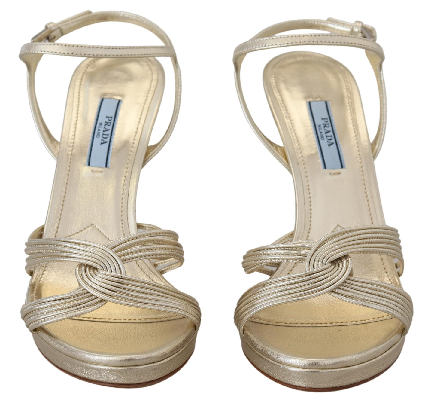 Prada Goldene Leder-Sandalen Knöchelriemen-Absätze Stiletto-Sandale