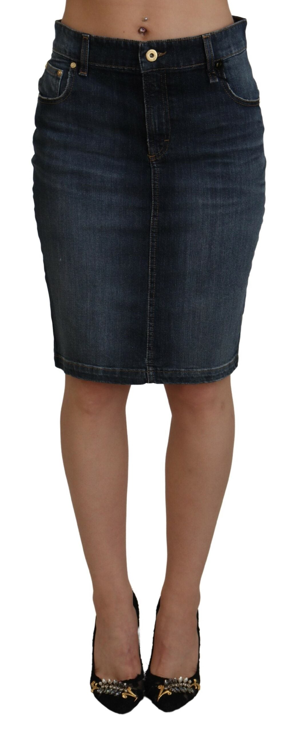Fiorucci Dunkelblau gewaschener Denimrock mit mittlerer Taille und Bleistiftschnitt