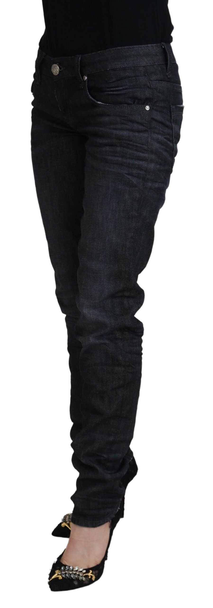 Acht Schwarze Baumwolle mit niedriger Taille Slim Fit Damen Casual Denim Jeans
