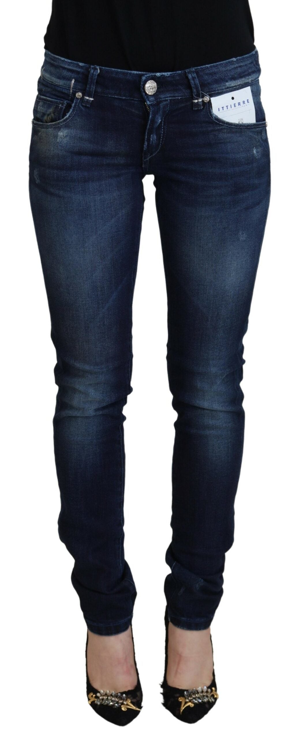 Acht Blaue Baumwolle Niedrige Taille Slim Fit Damen Casual Denim Jeans