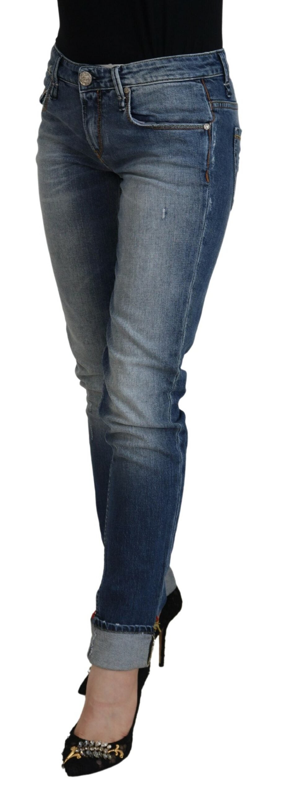 Acht Blau gewaschene Baumwolle mit niedriger Taille Damen Casual Jeans
