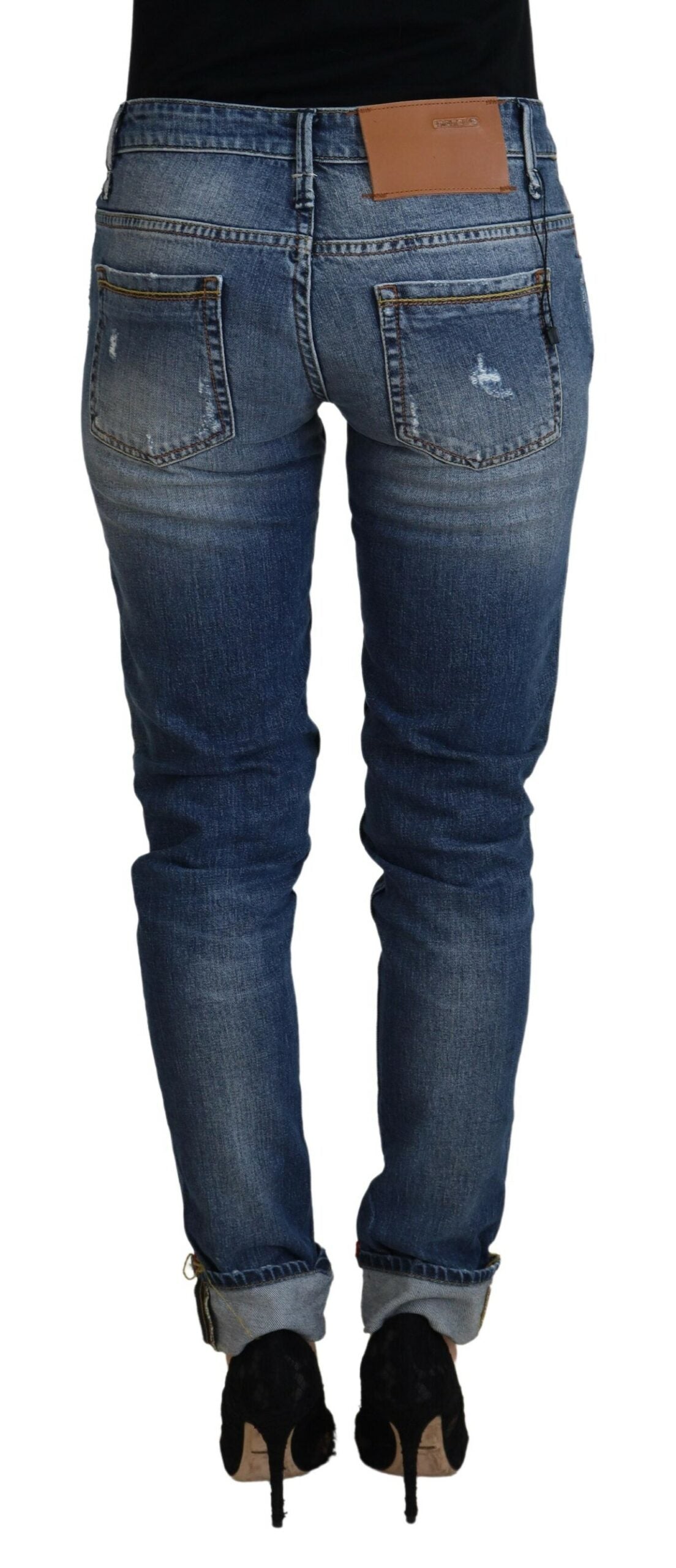 Acht Blau gewaschene Baumwolle mit niedriger Taille Damen Casual Jeans