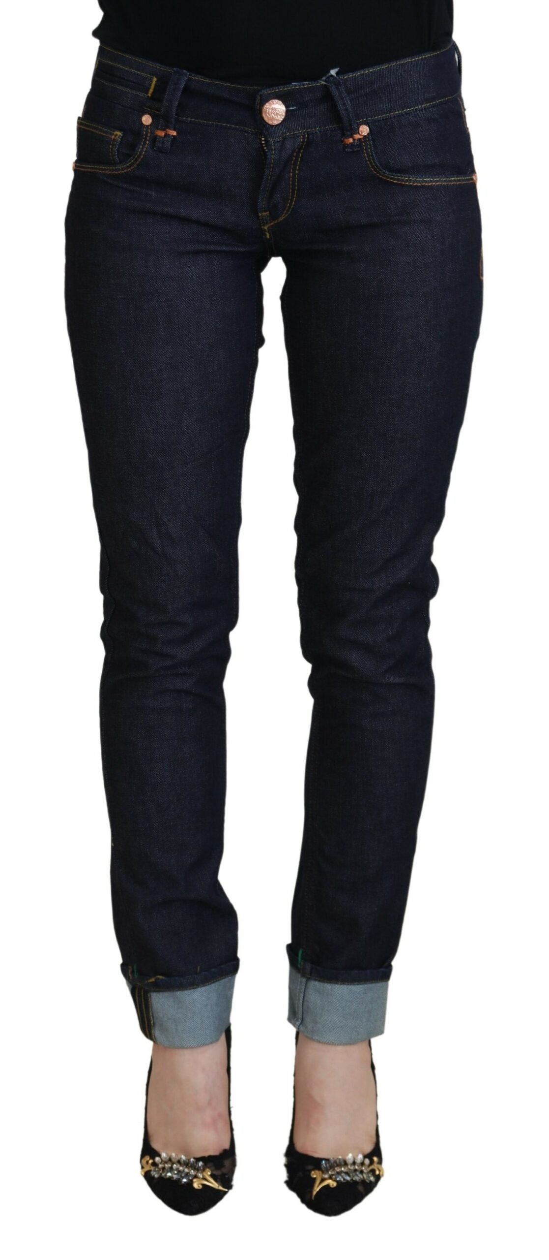 Acht Blaue Baumwolle Niedrige Taille Slim Fit Damen Casual Jeans