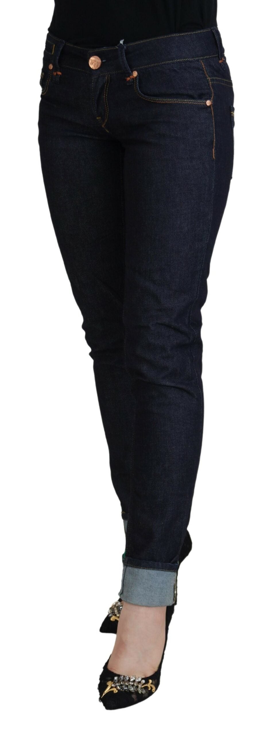 Acht Blaue Baumwolle Niedrige Taille Slim Fit Damen Casual Jeans
