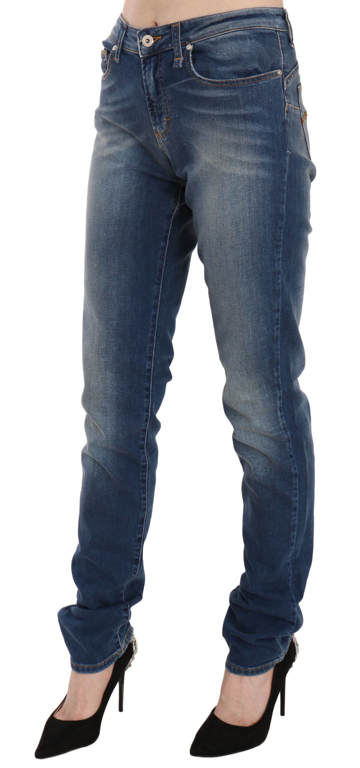 Fiorucci Blaue gewaschene Jeans mit mittlerer Taille und schmaler Passform aus Denim