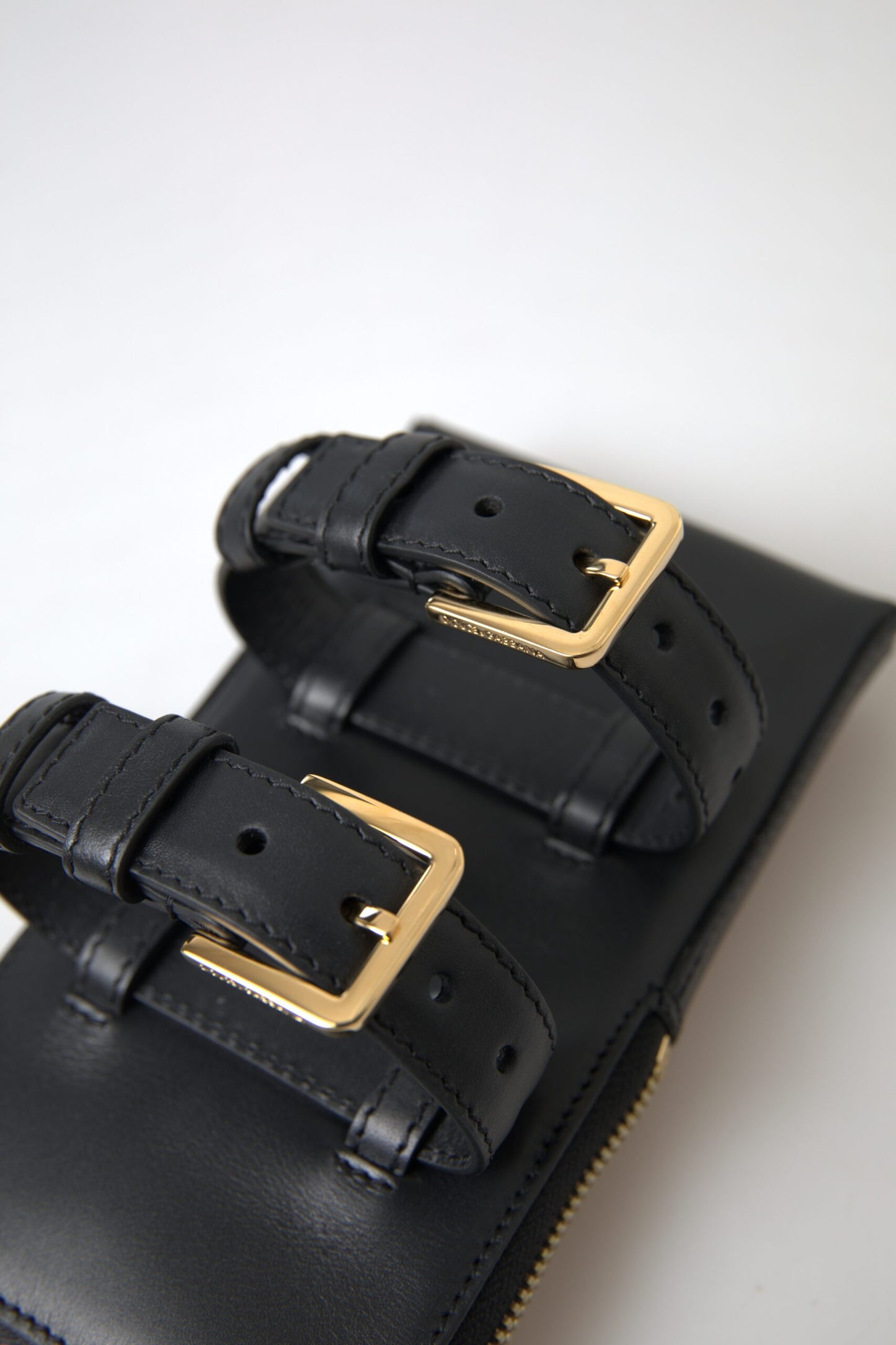 Dolce & Gabbana Schwarzes Leder Männer Geldbörse Double Belt Strap Armband Tasche