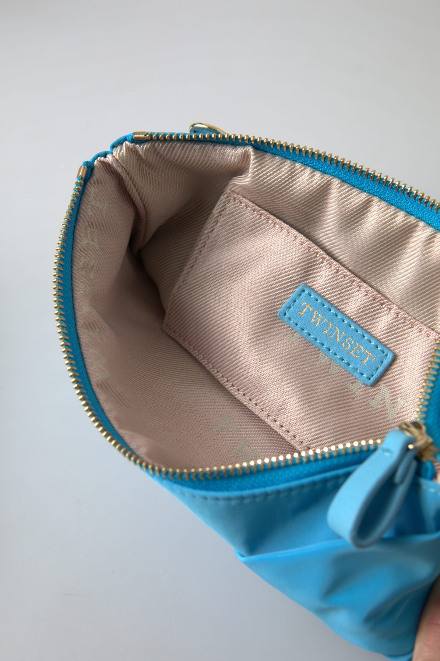 Twinset Blau Tafta Seide Große Schleife Reißverschluss Clutch Frauen Borse Logo Tasche