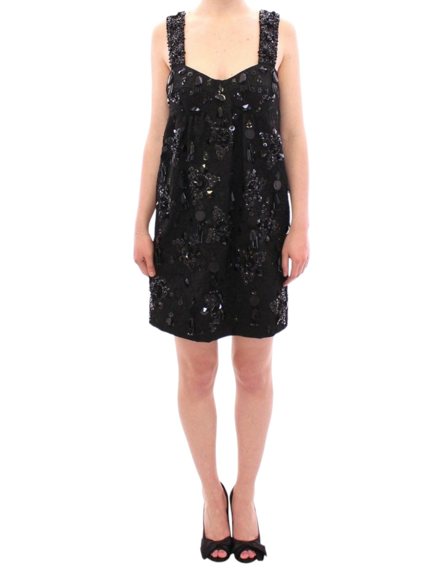 Dolce & Gabbana Schwarzes geblümtes, kristallbesetztes Kleid