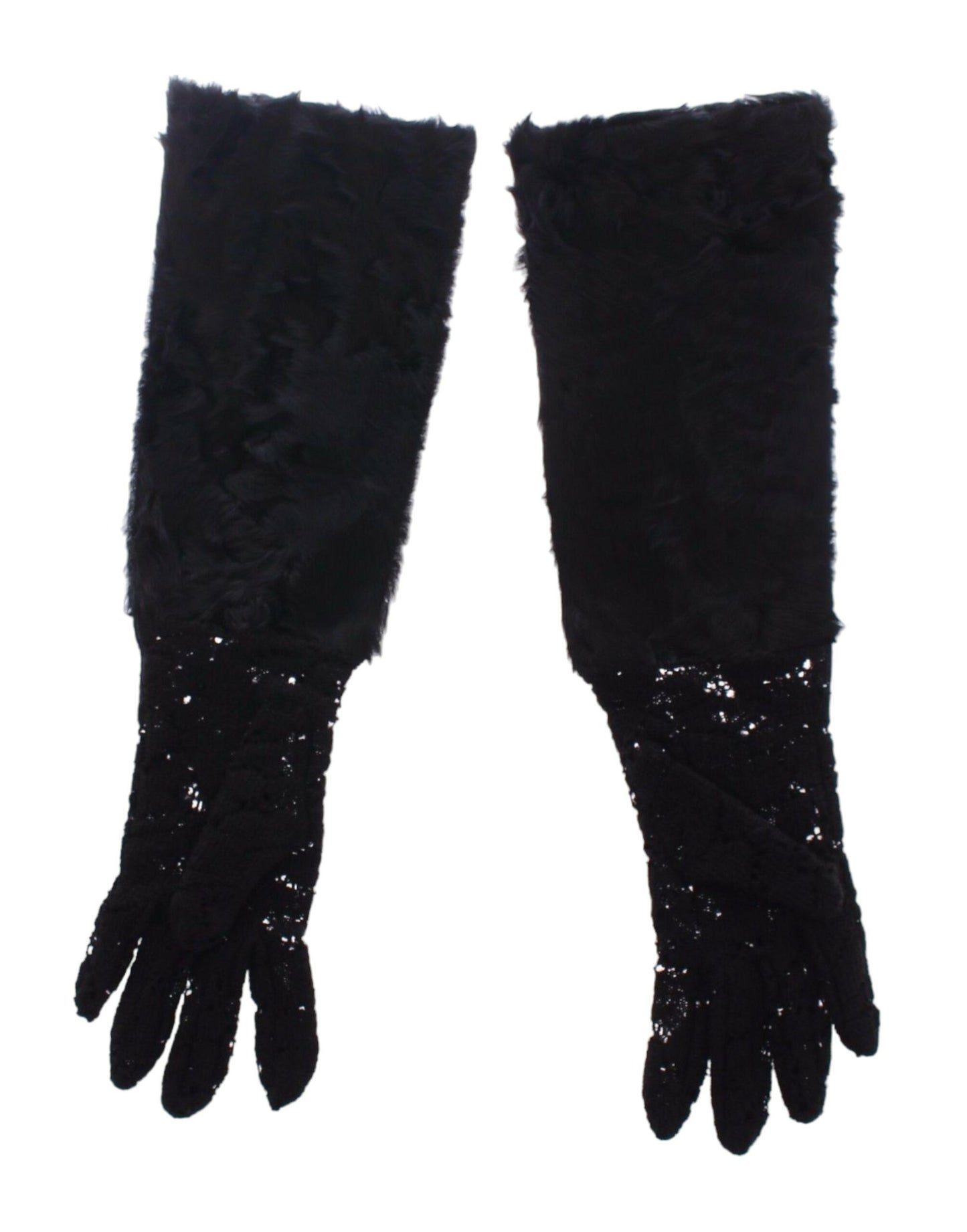 Dolce & Gabbana Schwarze Spitze Wolle Lammfell Pelz Ellenbogenhandschuhe