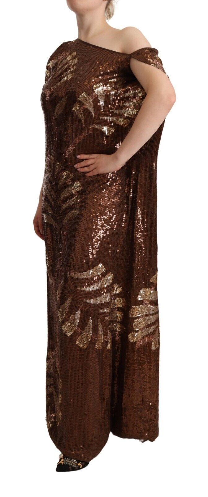 Dsquared² Braunes Blatt Pailletten Shift One Shoulder Langes Kleid