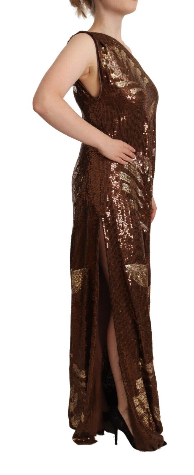Dsquared² Braunes Blatt Pailletten Shift One Shoulder Langes Kleid