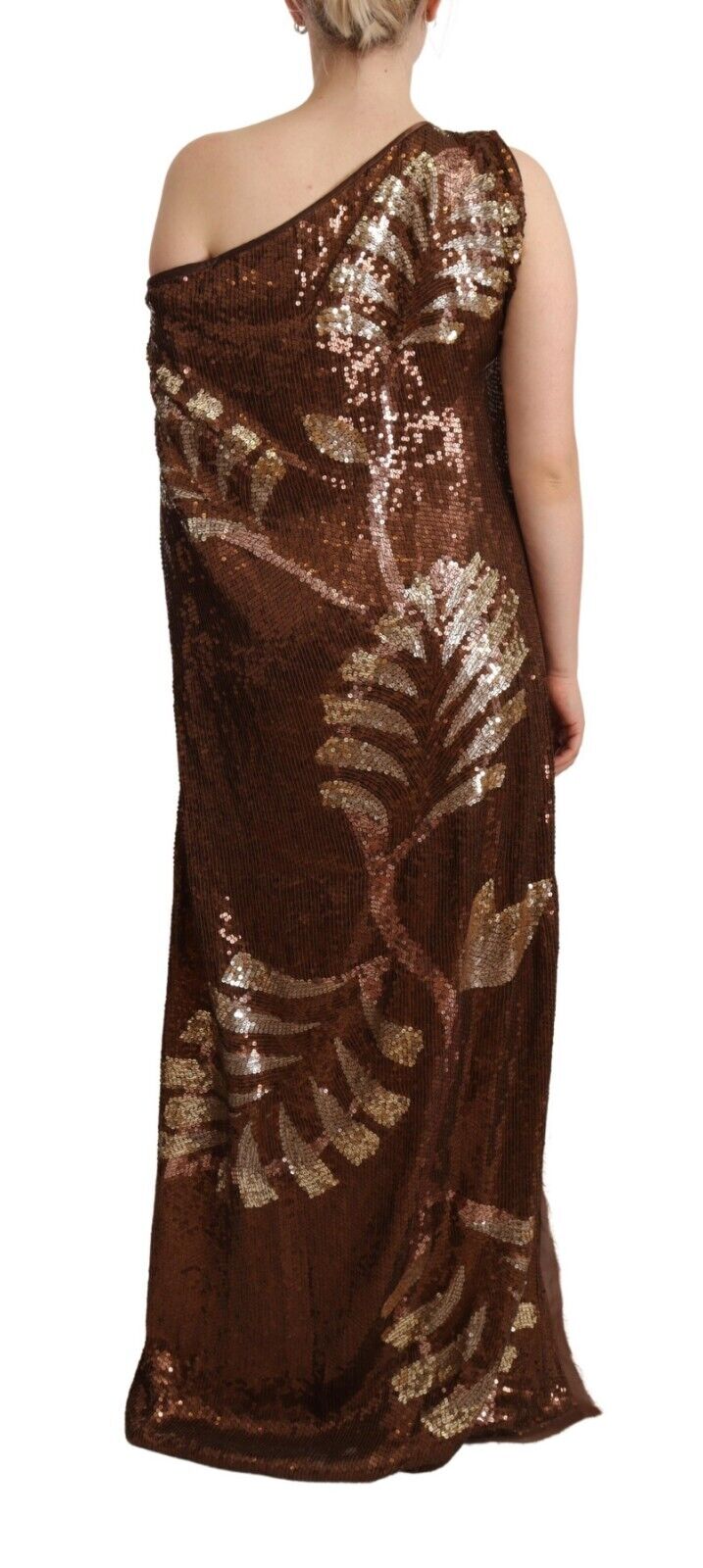 Dsquared² Braunes Blatt Pailletten Shift One Shoulder Langes Kleid