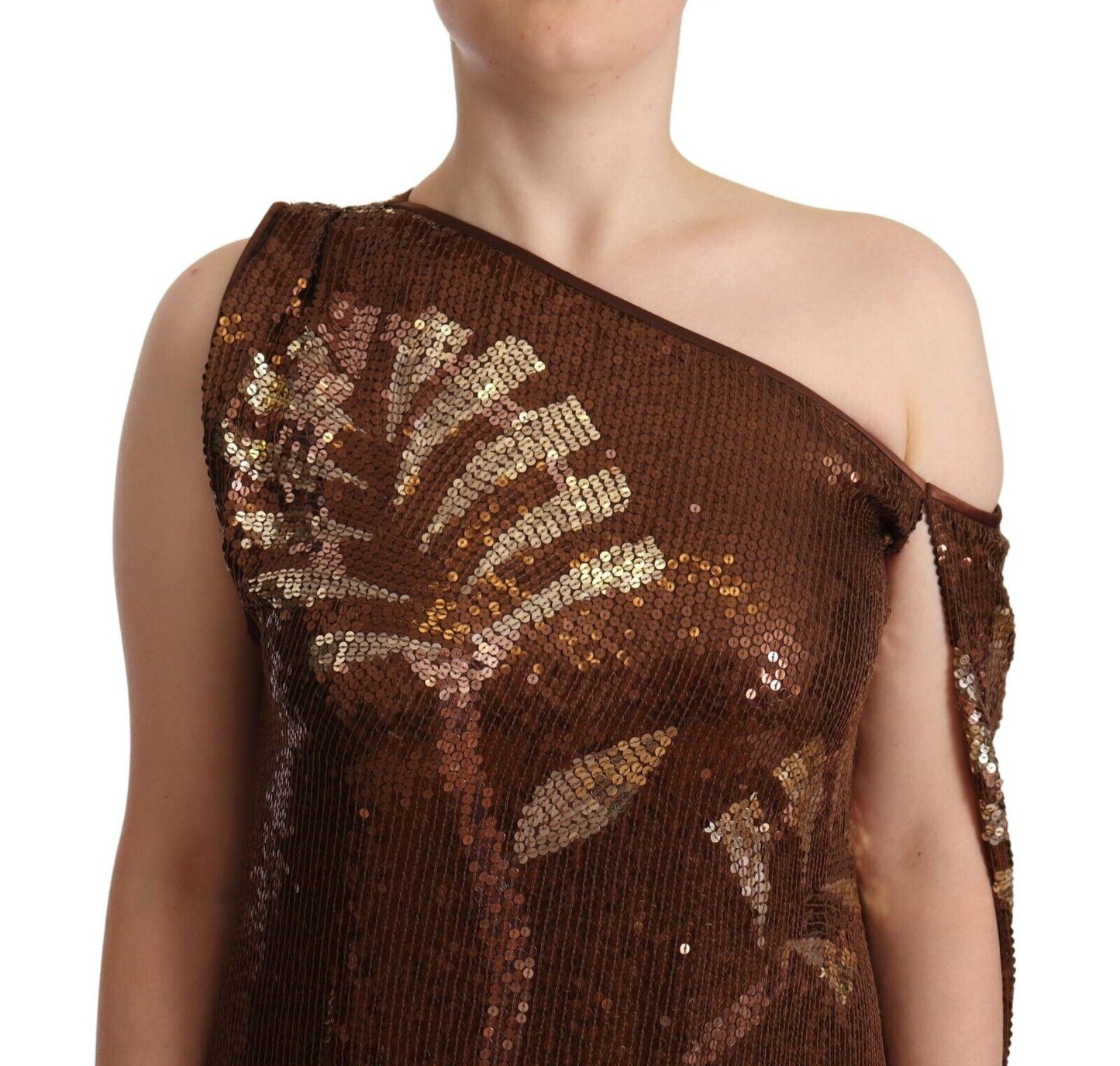 Dsquared² Braunes Blatt Pailletten Shift One Shoulder Langes Kleid