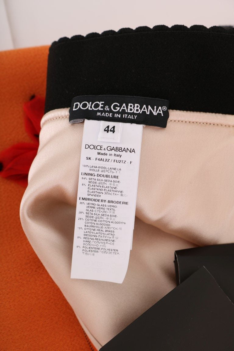 Dolce & Gabbana Orangefarbener Wollrock mit Kristall-Pailletten-Applikationen