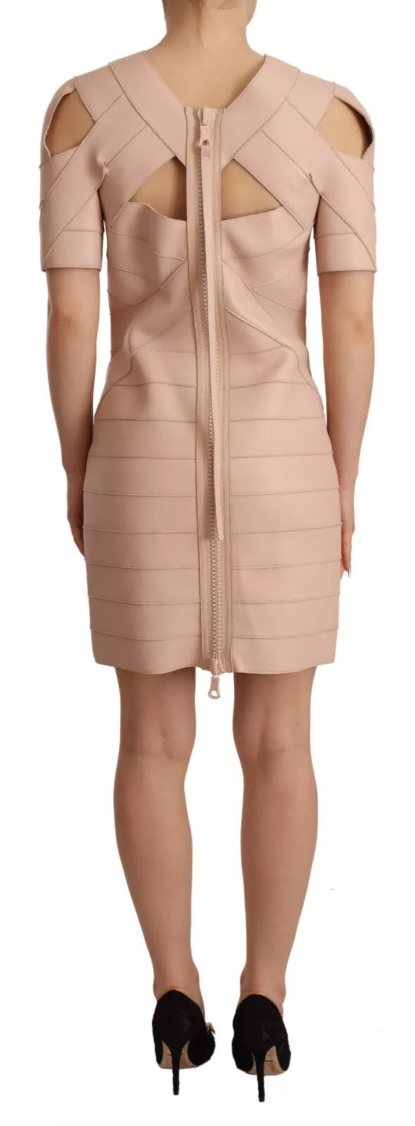 Dsquared² Beigefarbenes Etuikleid aus Leder mit offenen Schultern