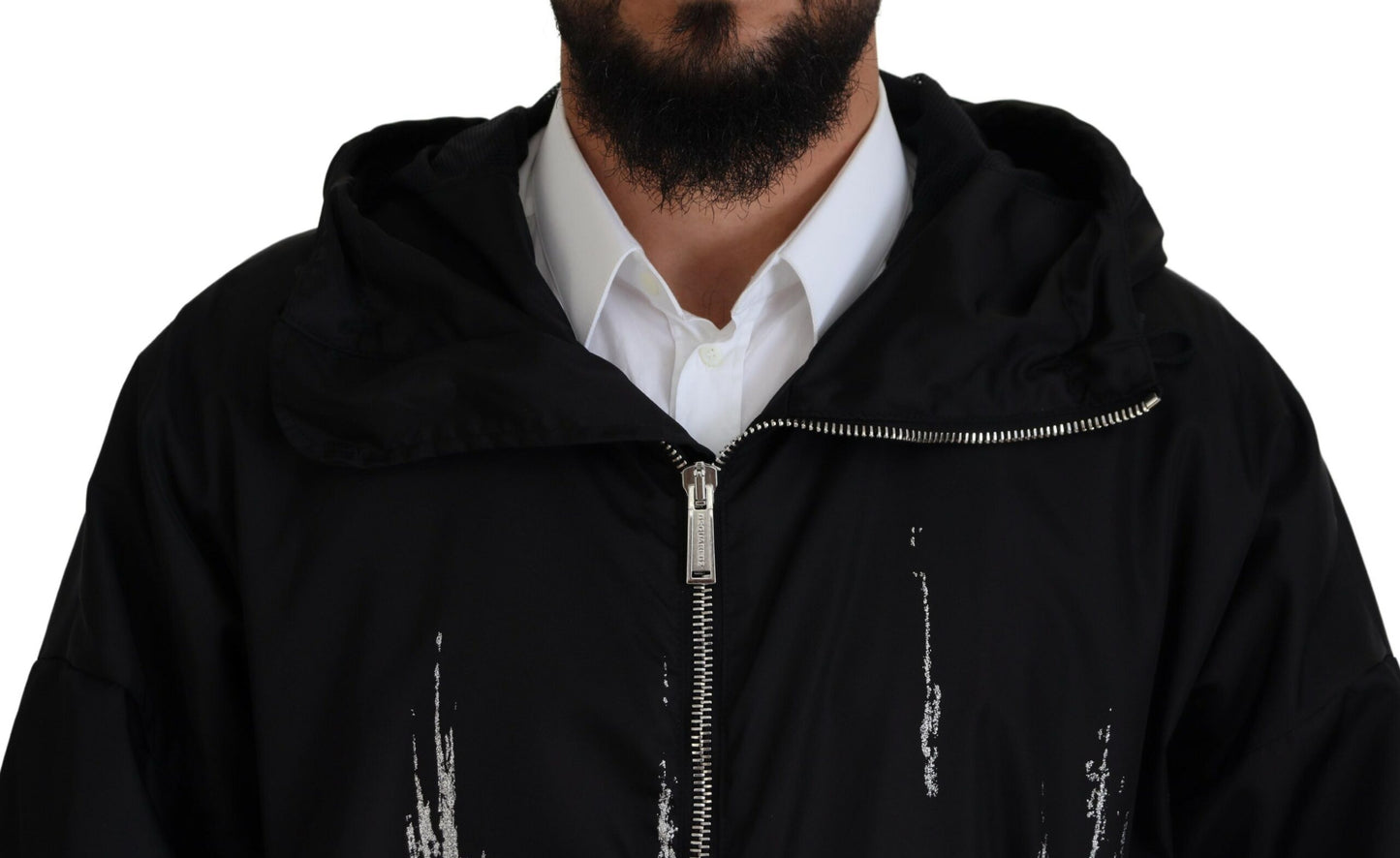 Dsquared² Schwarzer weißer Druck Langer Mantel mit Kapuze Nylonjacke