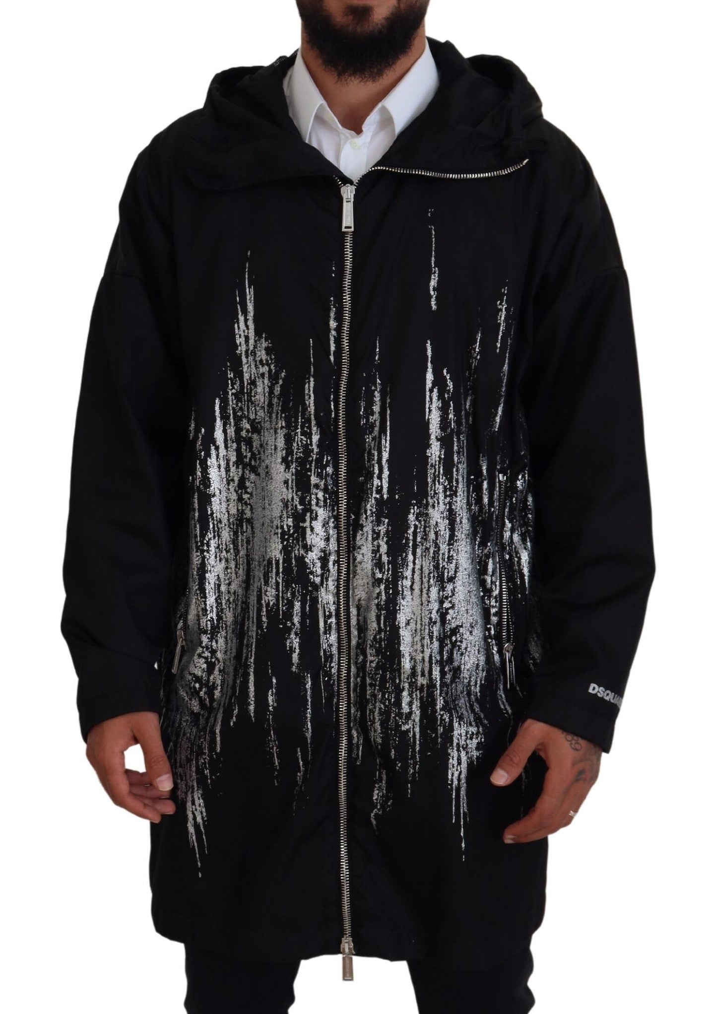 Dsquared² Schwarzer weißer Druck Langer Mantel mit Kapuze Nylonjacke