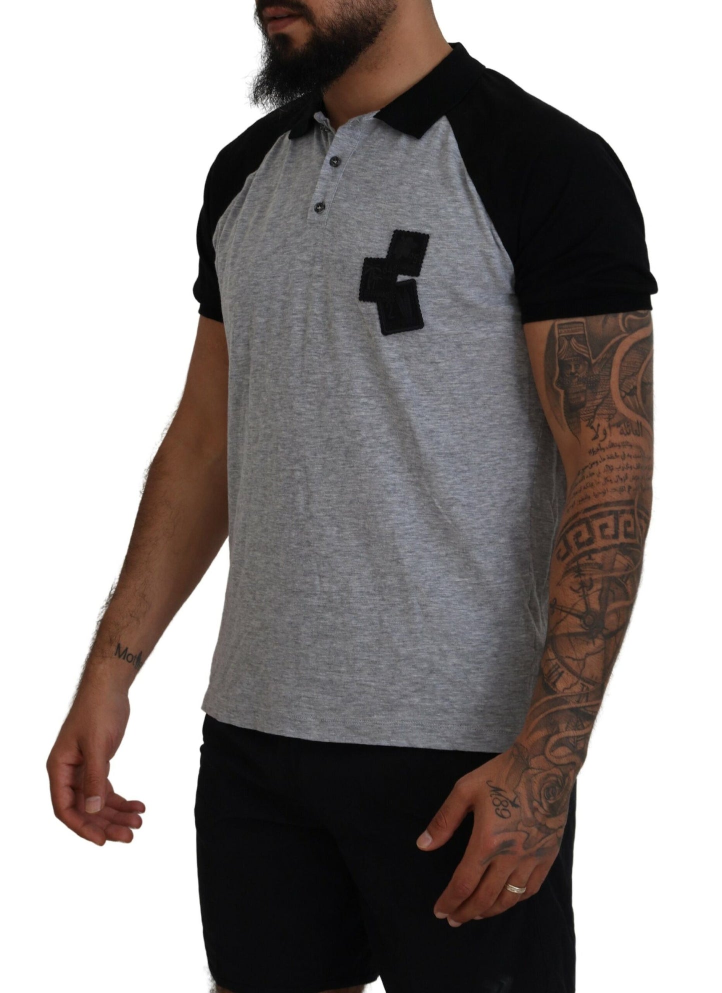 Dsquared² Graues schwarzes Baumwoll-T-Shirt mit kurzen Ärmeln und Kragen