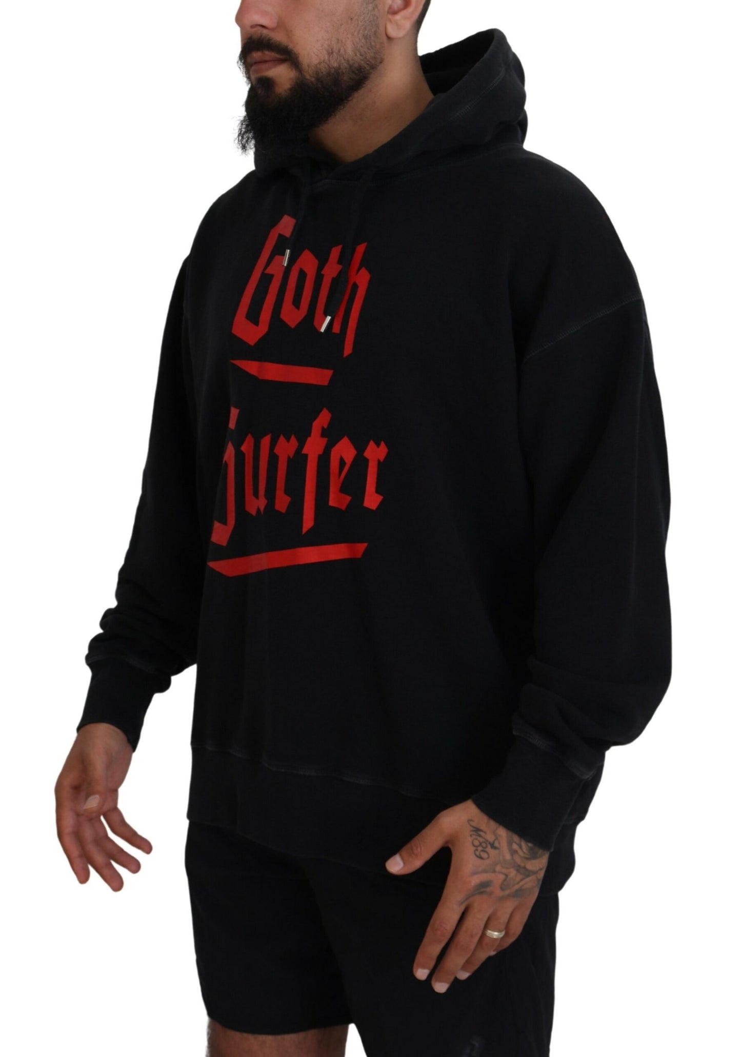 Dsquared² Schwarzer Baumwollpullover mit Kapuze, bedruckt, Herrenpullover