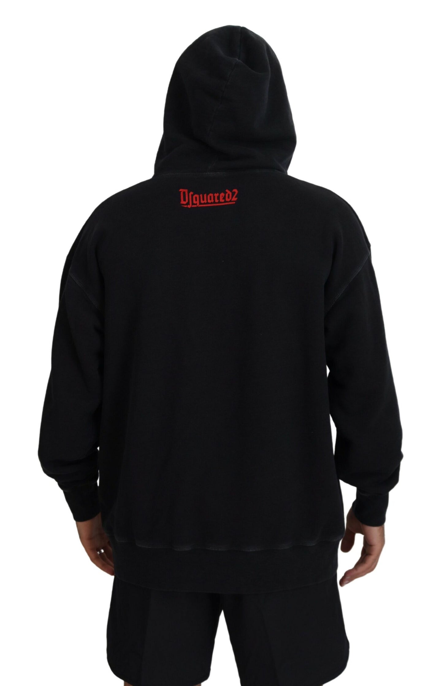 Dsquared² Schwarzer Baumwollpullover mit Kapuze, bedruckt, Herrenpullover