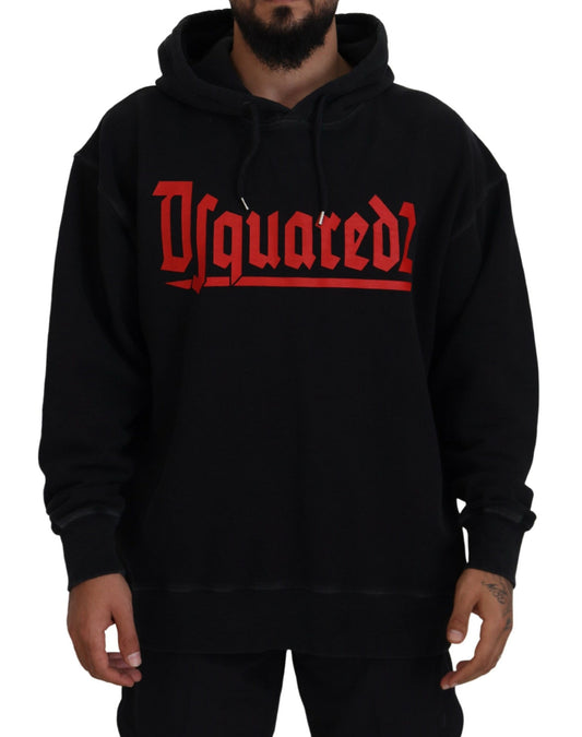 Dsquared² Schwarzer Baumwollpullover mit Kapuze, bedruckt, Herrenpullover