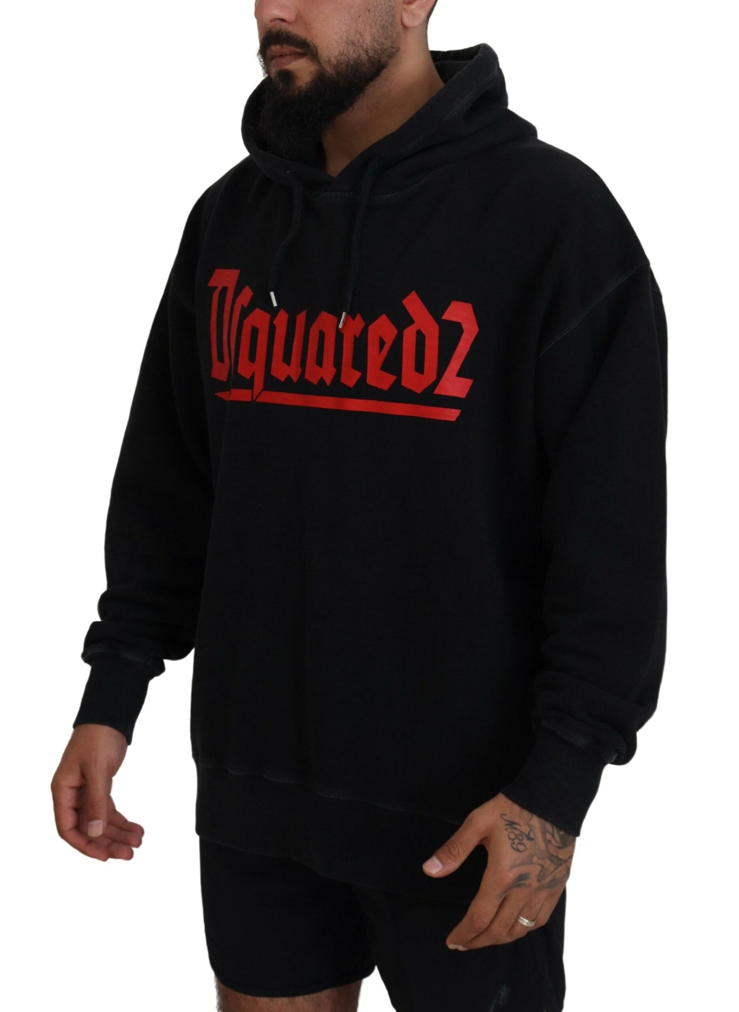 Dsquared² Schwarzer Baumwollpullover mit Kapuze, bedruckt, Herrenpullover