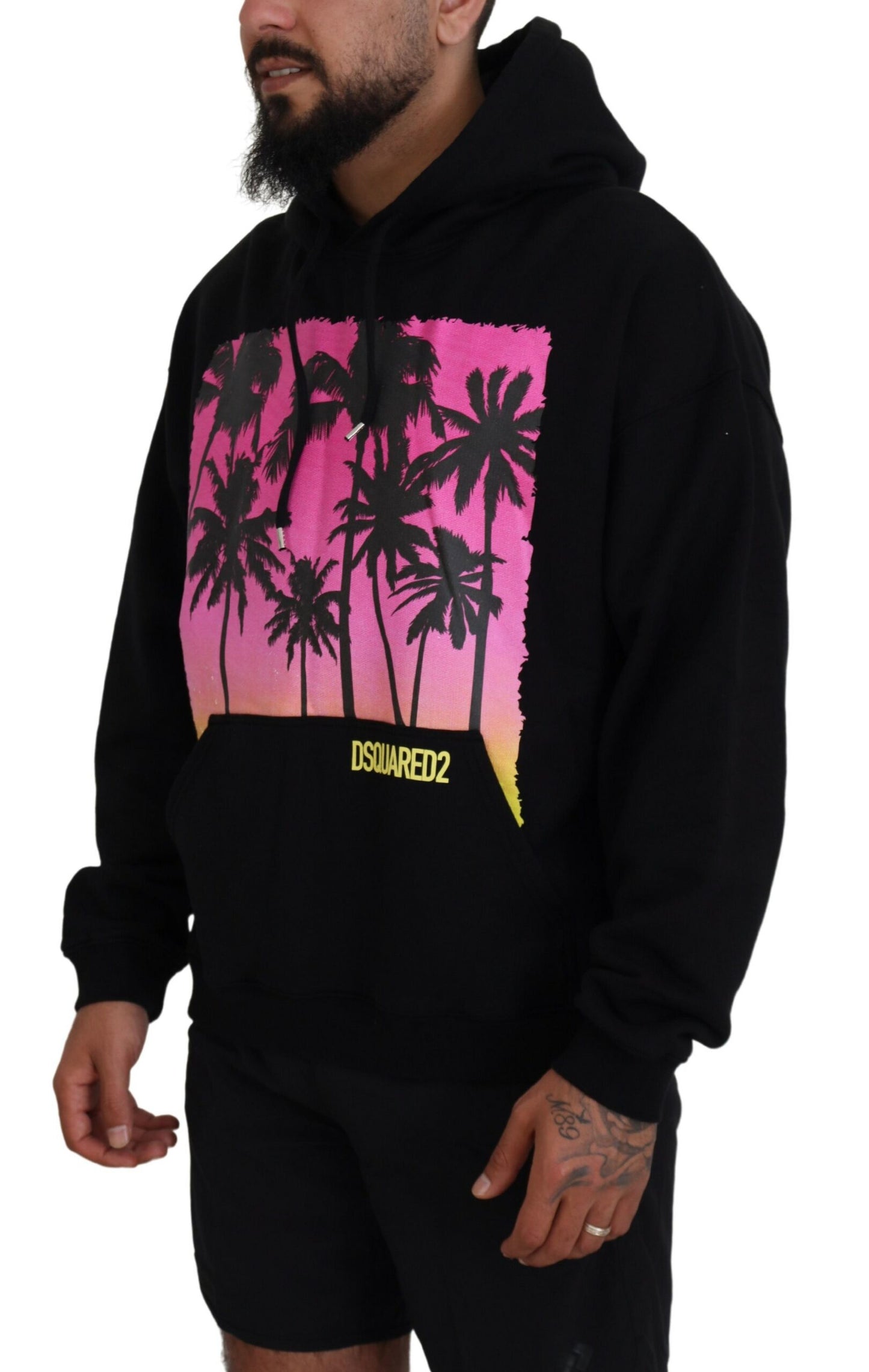 Dsquared² Schwarzer Baumwollpullover mit Kapuze, bedruckt, Herrenpullover