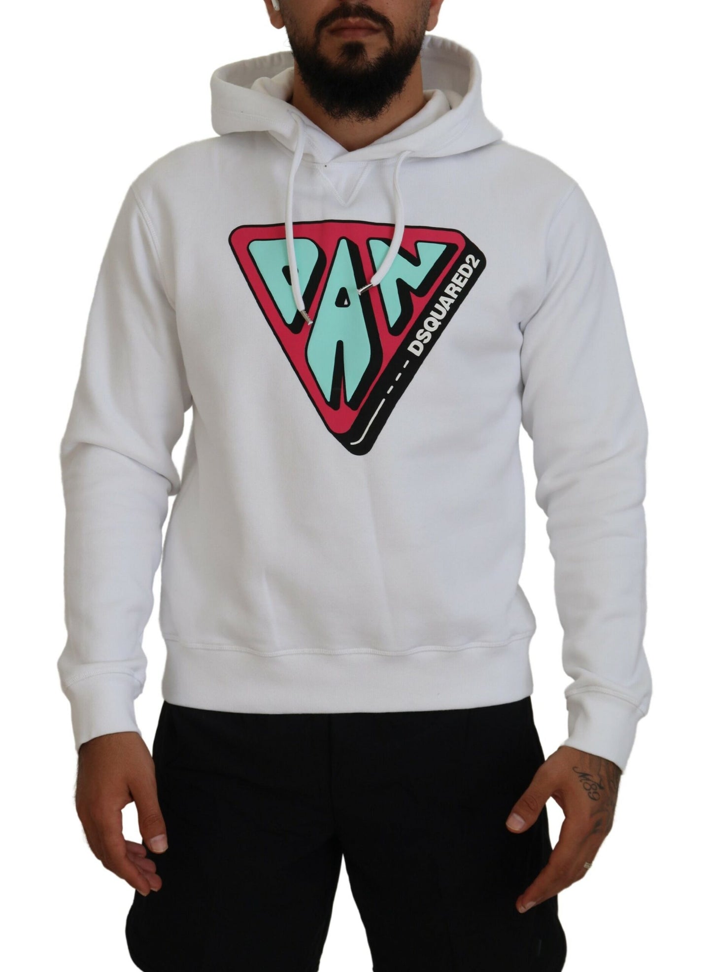 Dsquared² Weißer bedruckter Pullover aus Baumwolle mit Kapuze
