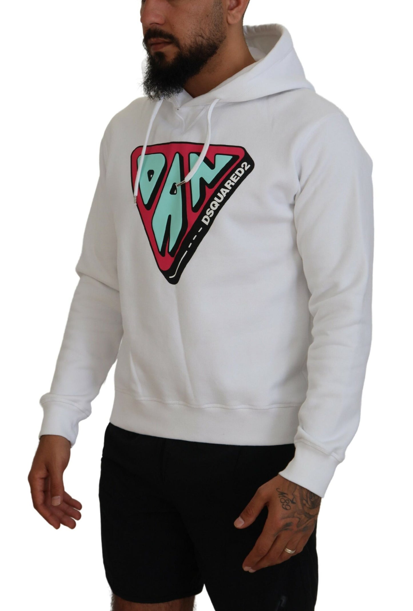Dsquared² Weißer bedruckter Pullover aus Baumwolle mit Kapuze